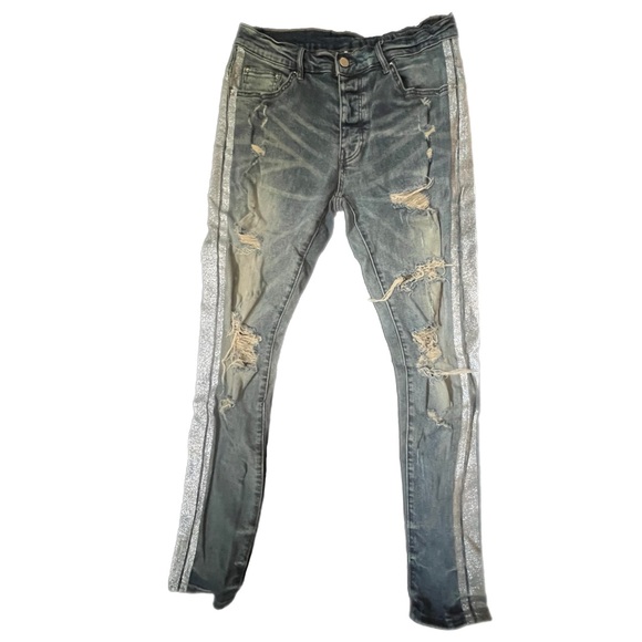 AMIRI Distressed Faded Blue Skinny Jeans #320 w/ Silver Glitter Stripes - 33 - Picture 1 of 14